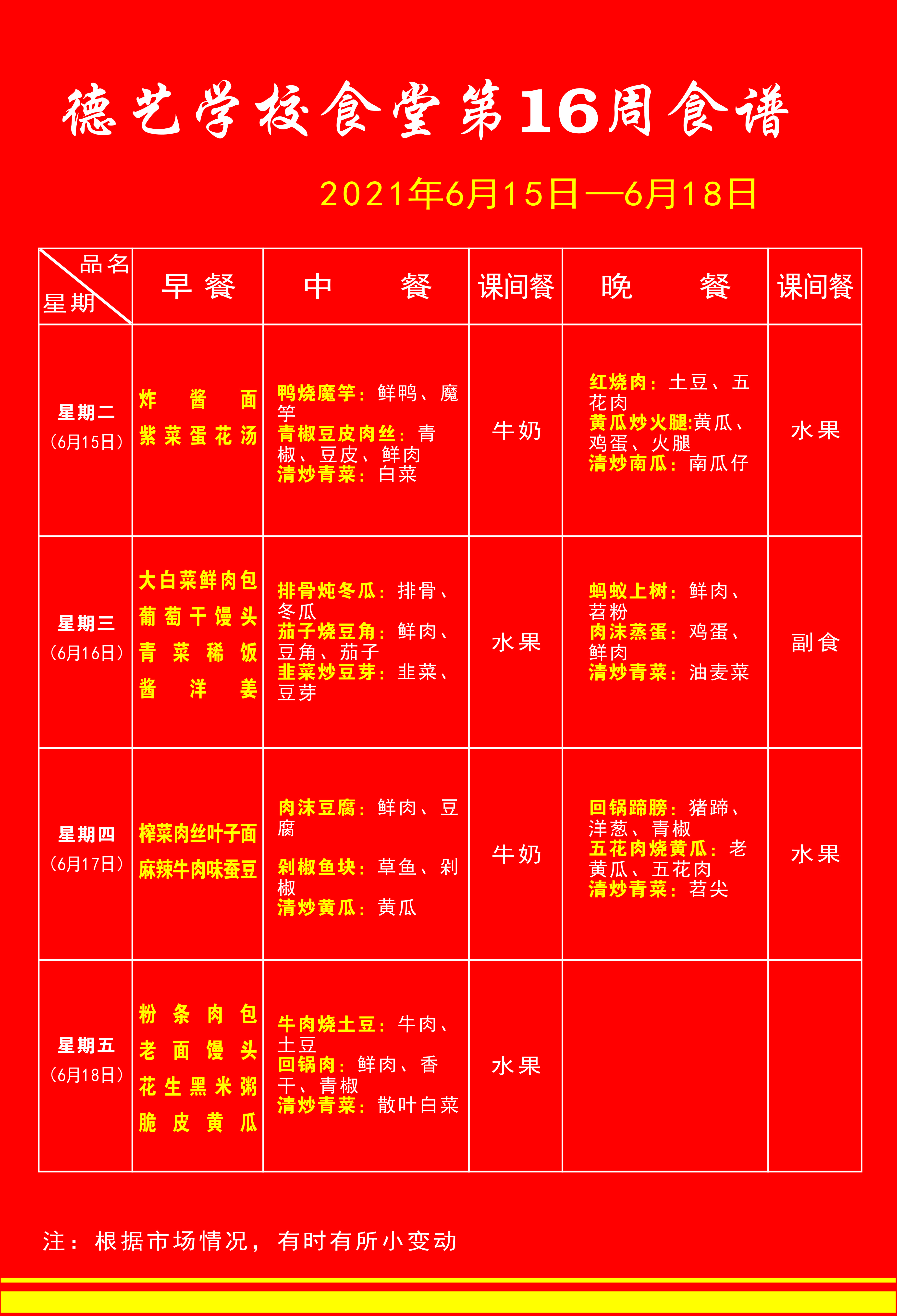 湖北省荆门德艺学校2021年春第16周食谱