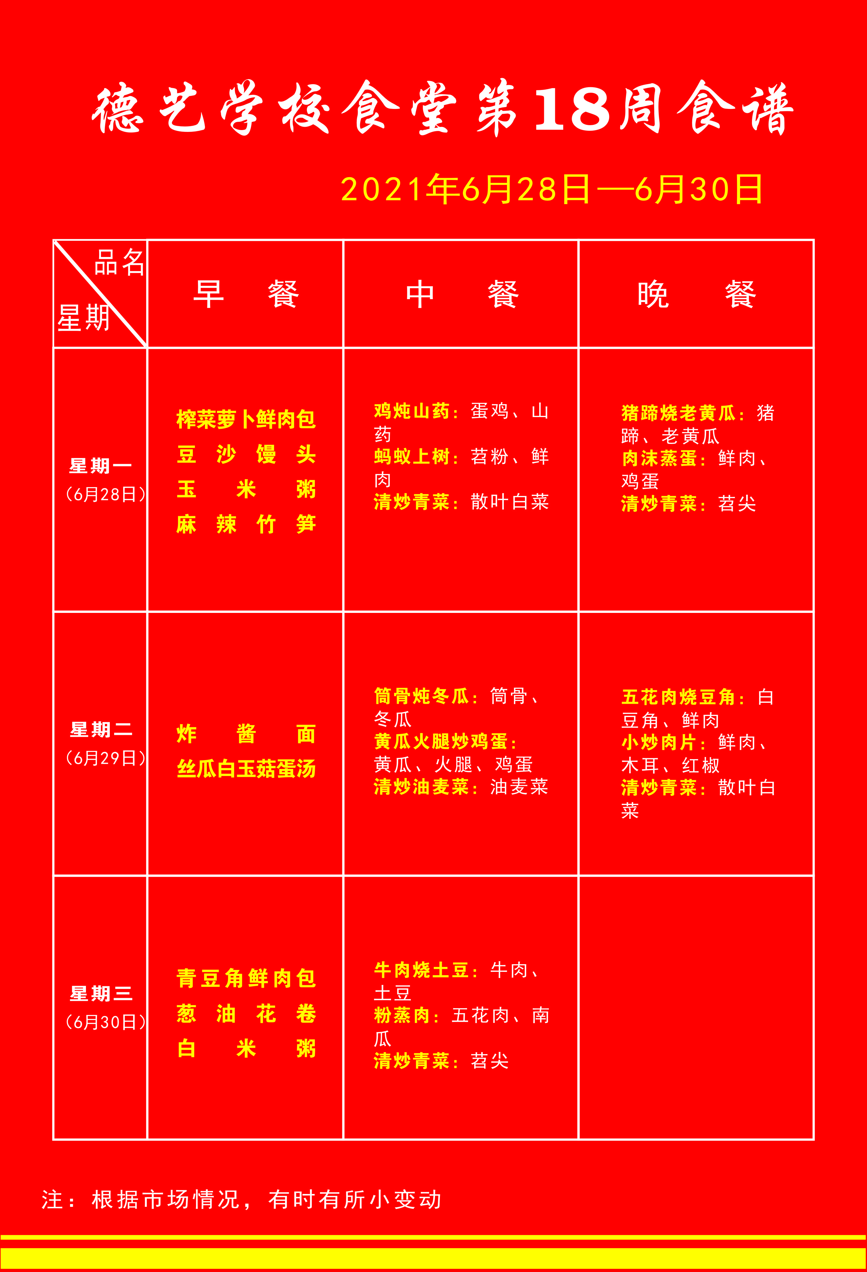 湖北省荆门德艺学校2021年春第18周食谱