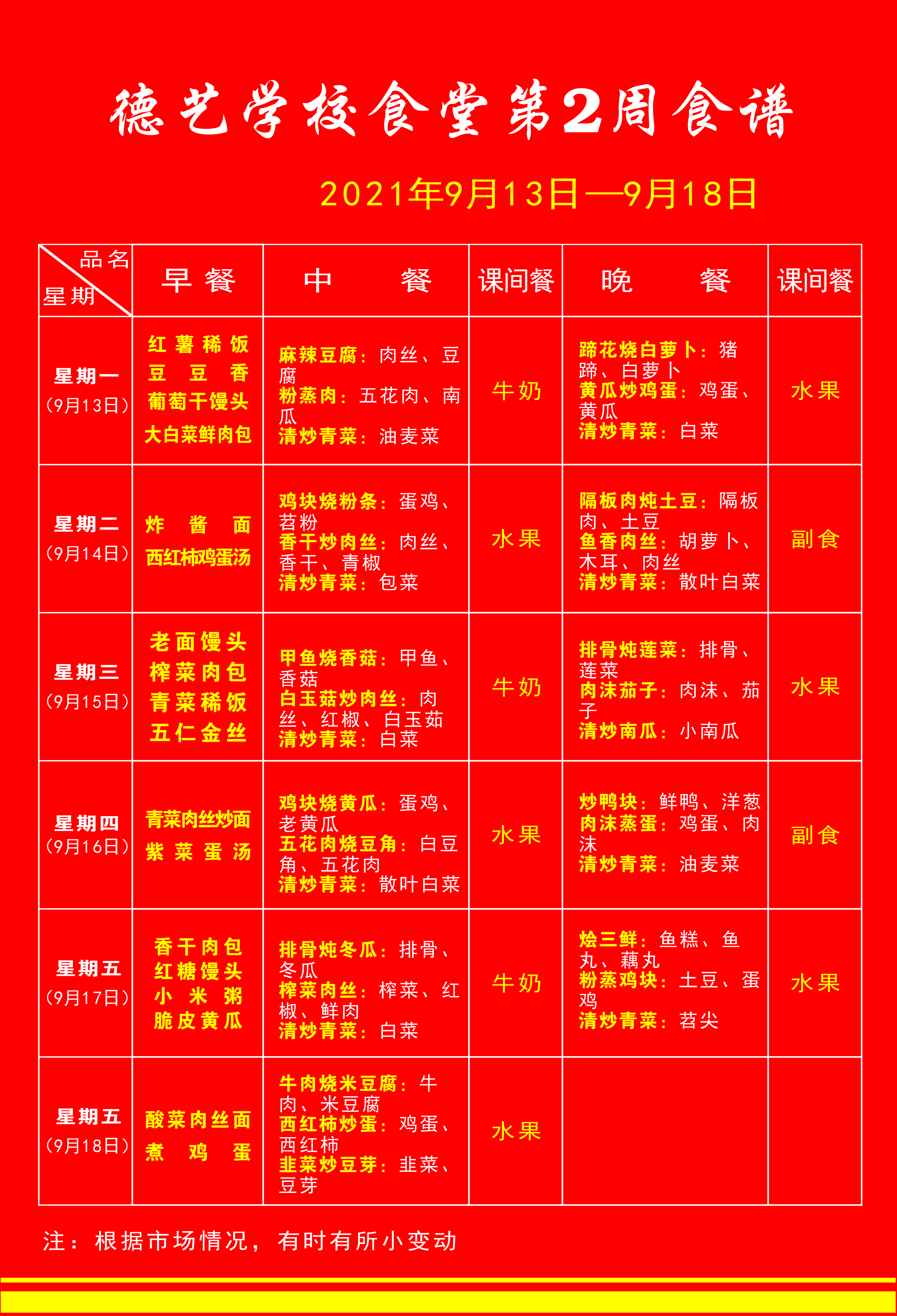 湖北省荆门德艺学校2021年秋第2周食谱