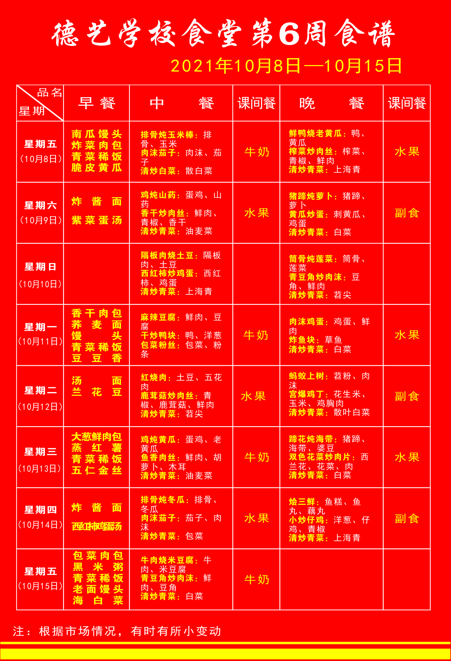 湖北省荆门德艺学校2021年秋第6周食谱