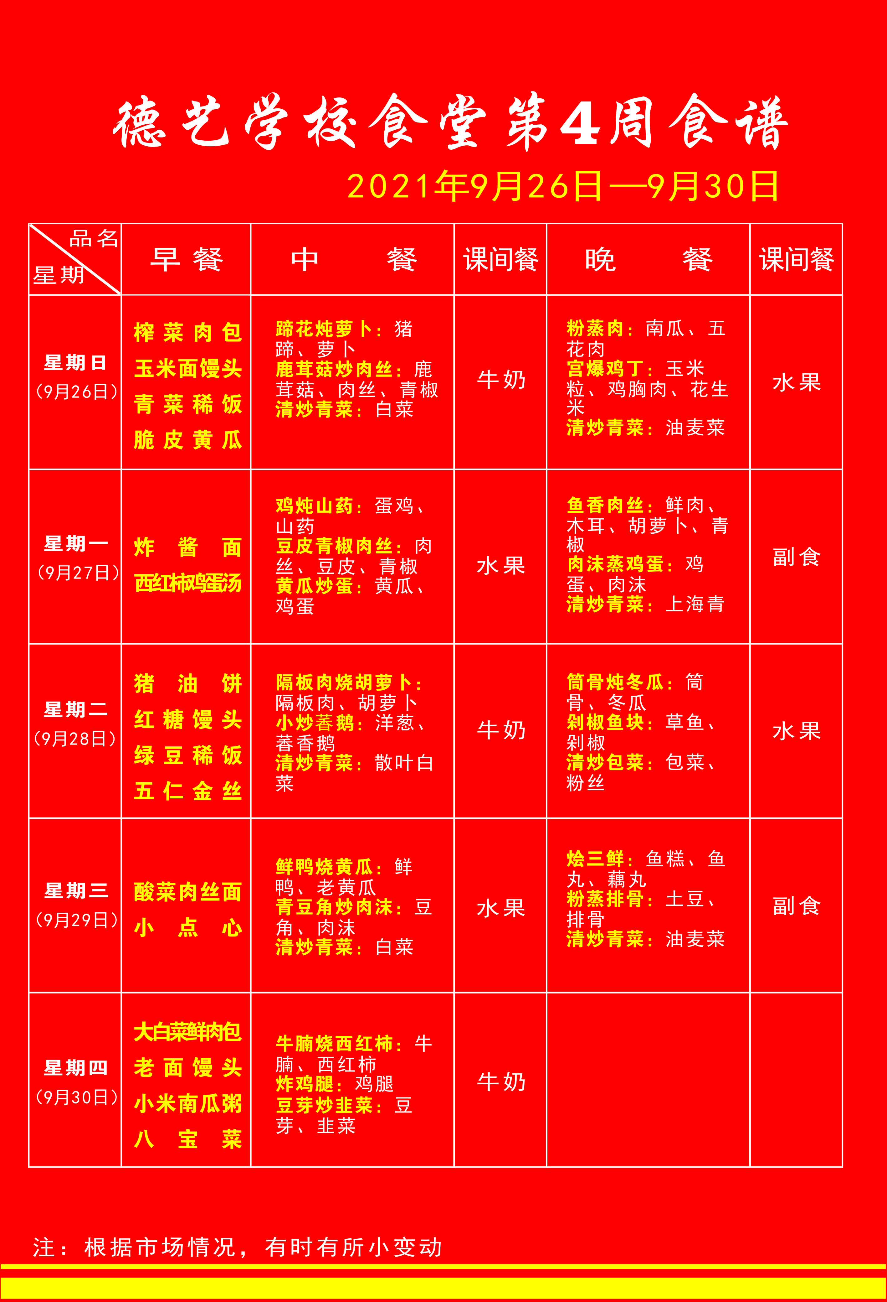 湖北省荆门德艺学校2021年秋第4周食谱