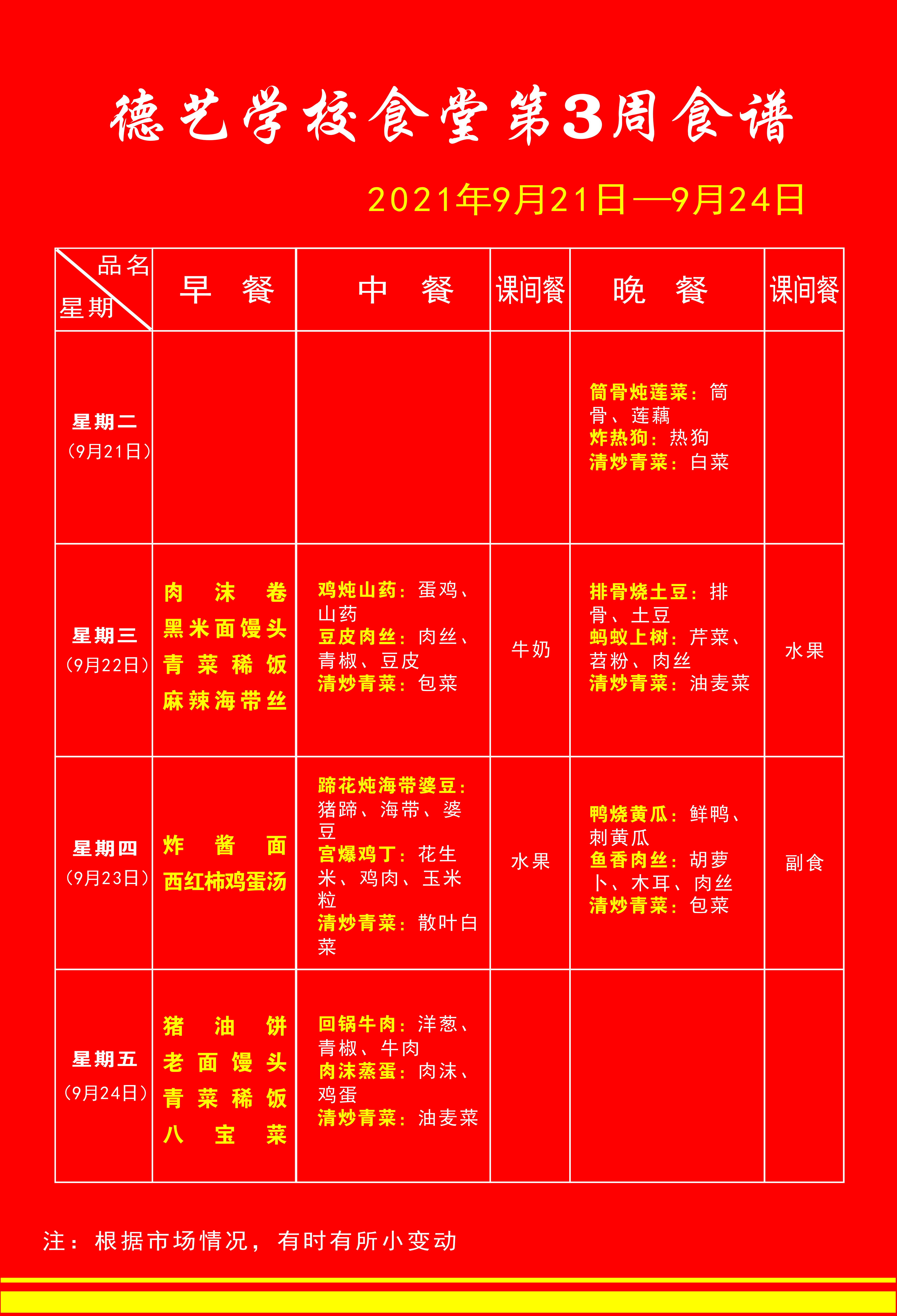 湖北省荆门德艺学校2021年秋第3周食谱