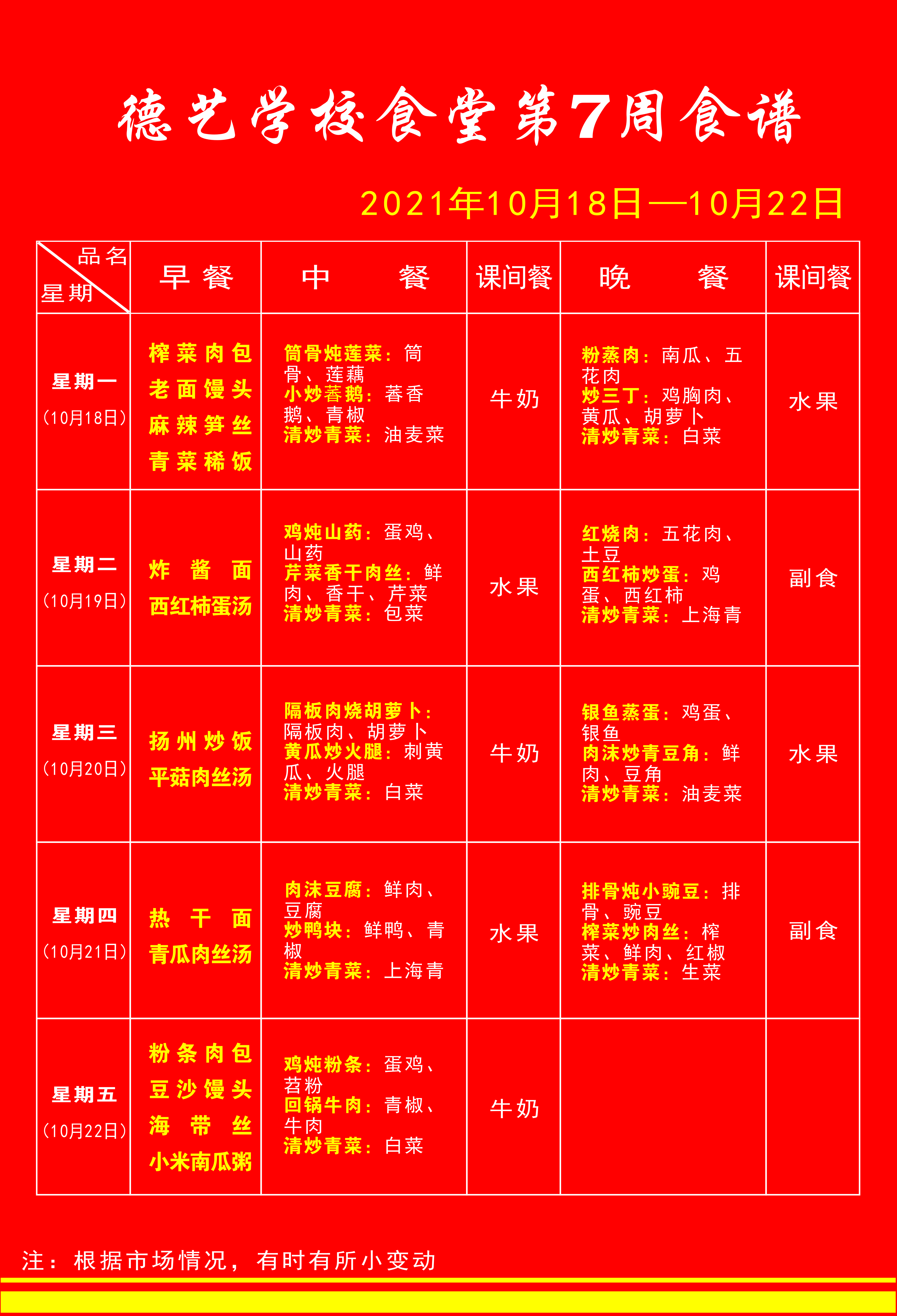 湖北省荆门德艺学校2021年秋第7周食谱